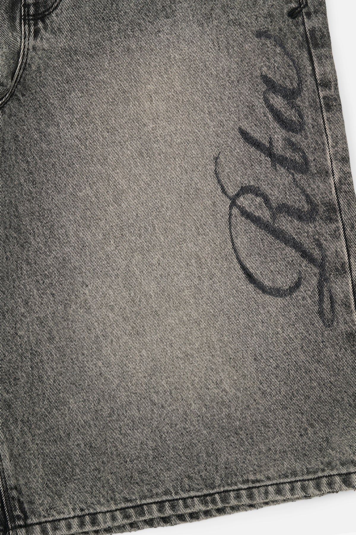 Stone Haze Denim Short - Laser Etched Script Close-Up Detail | RTA