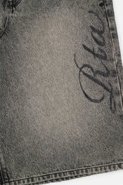 Stone Haze Denim Short - Laser Etched Script Close-Up Detail | RTA