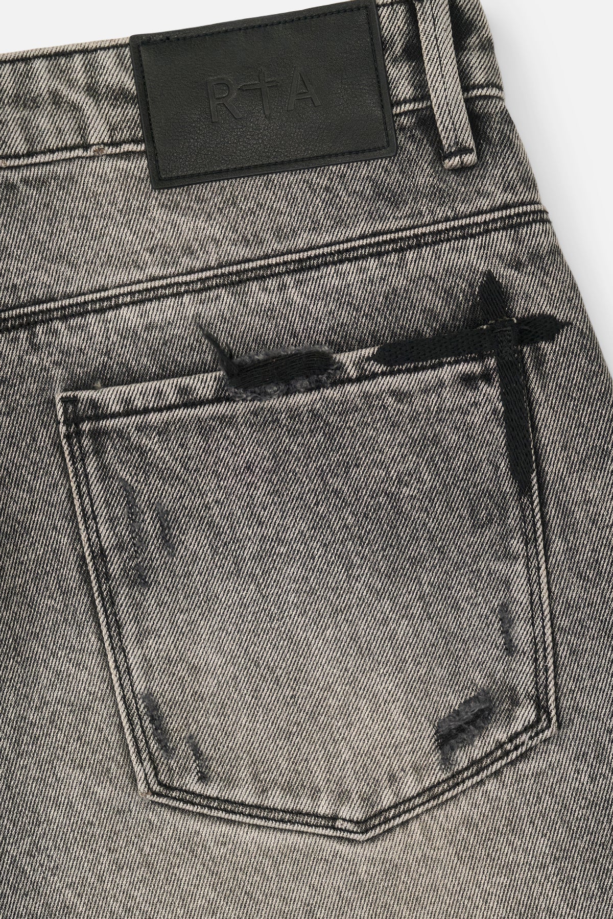 Grey Distressed Denim Short - Back Pocket and Leather RTA Label Detail | RTA