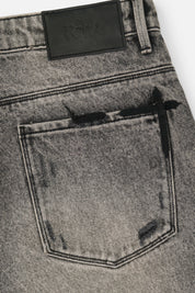 Grey Distressed Denim Short - Back Pocket and Leather RTA Label Detail | RTA