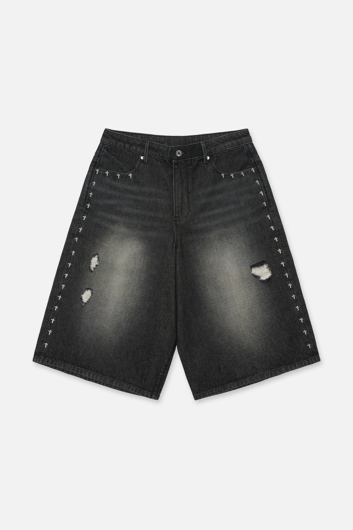 Black Distressed Denim Short with Side Cross Embroidery - Front View | RTA