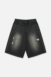 Black Distressed Denim Short with Side Cross Embroidery - Front View | RTA
