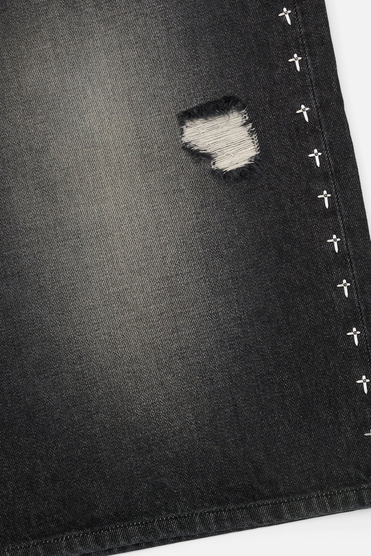 Gustavo Denim Short Silver Cross Embroidery and Distressed Fabric Close-Up | RTA