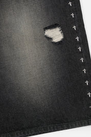 Gustavo Denim Short Silver Cross Embroidery and Distressed Fabric Close-Up | RTA