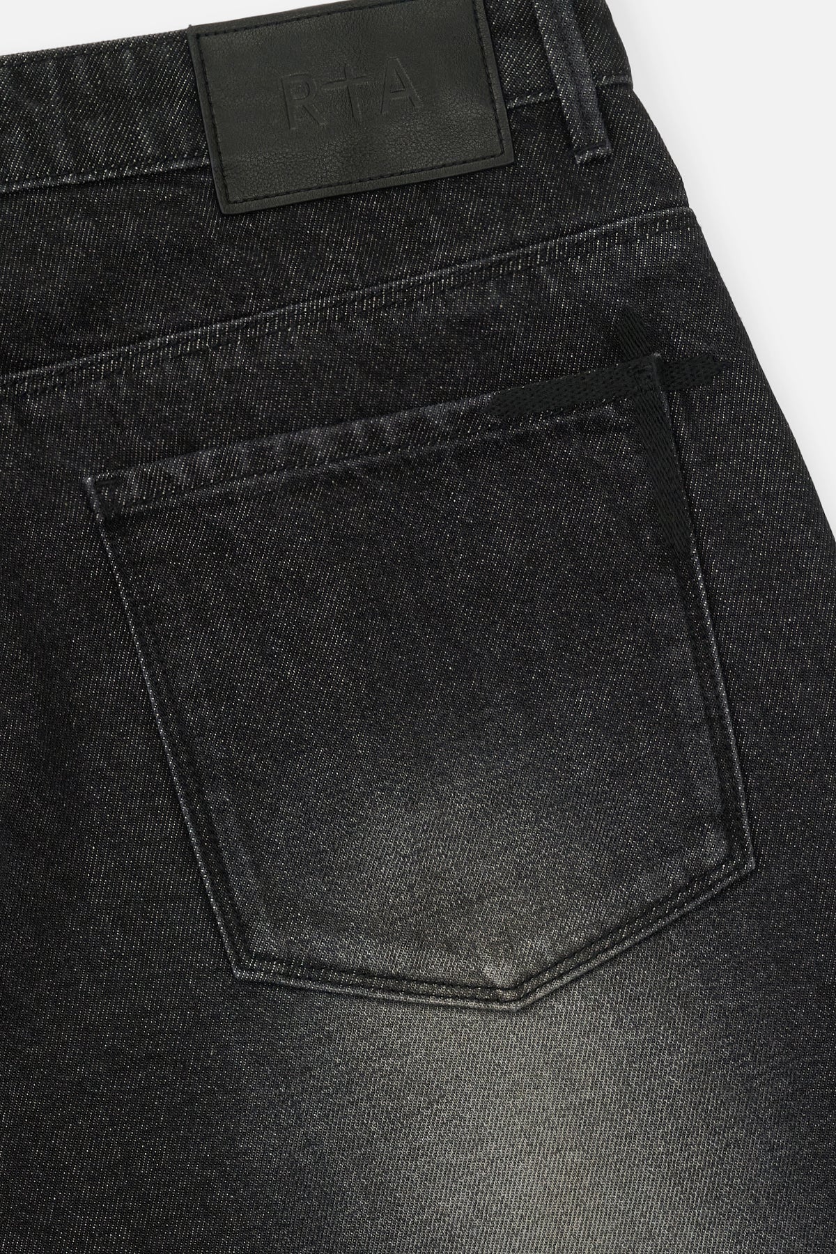 Black Designer Denim Short Back Pocket with Embossed RTA Leather Label Detail | RTA