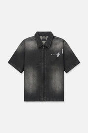 Black Faded Denim Zip-Up Shirt with Cross Embroidery and Distressing - Front View | RTA
