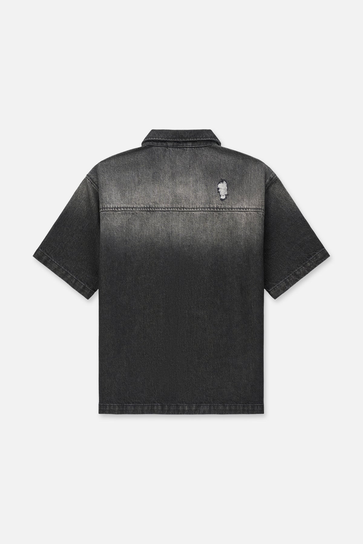 Black Faded Distressed Denim Zip-Up Shirt - Back View with Fray Detail | RTA
