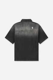 Black Faded Distressed Denim Zip-Up Shirt - Back View with Fray Detail | RTA