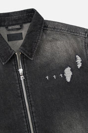 Black Denim Shirt Close-Up - Signature Cross Embroidery and Distressed Fray Detail | RTA