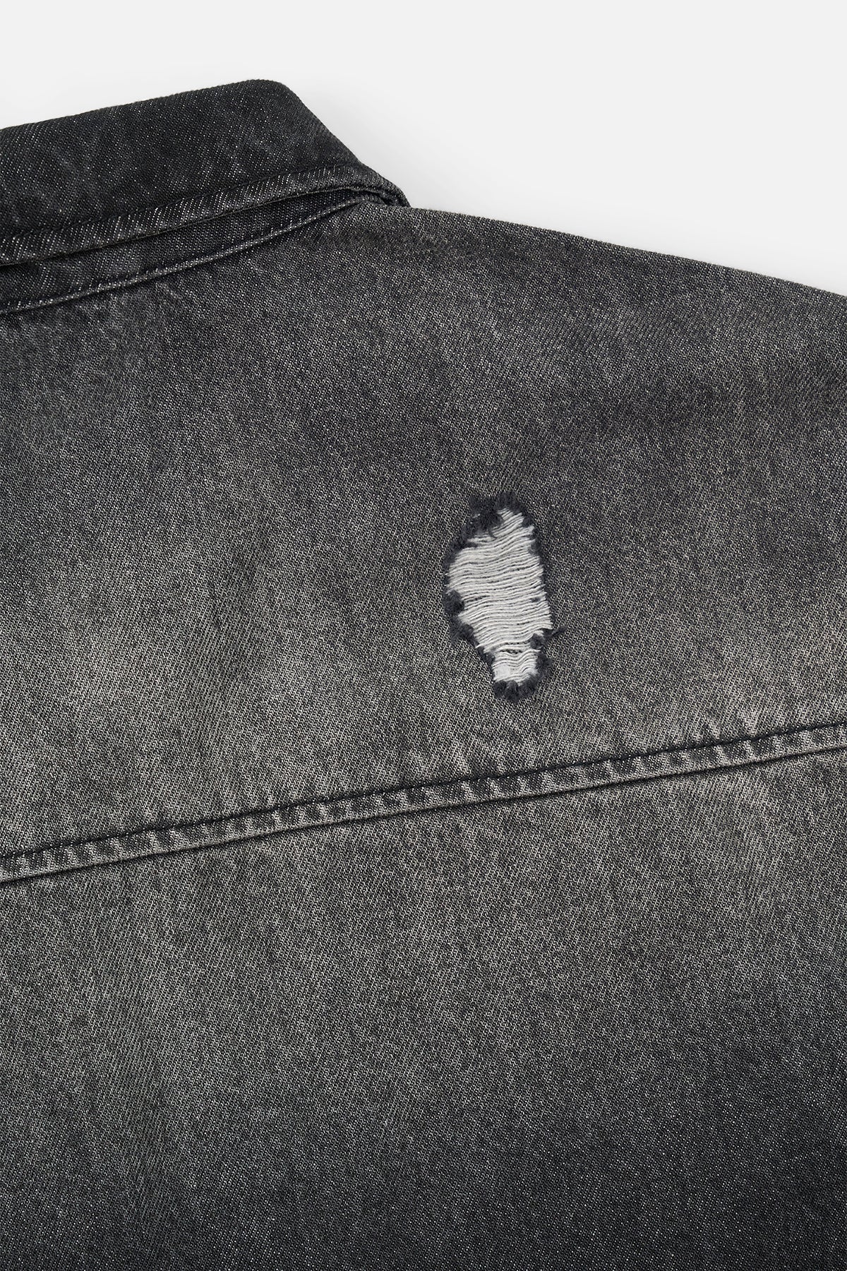 Black Distressed Denim Shirt - Back Shoulder Fray Detail Close-Up | RTA