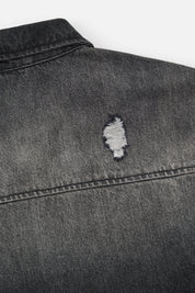 Black Distressed Denim Shirt - Back Shoulder Fray Detail Close-Up | RTA
