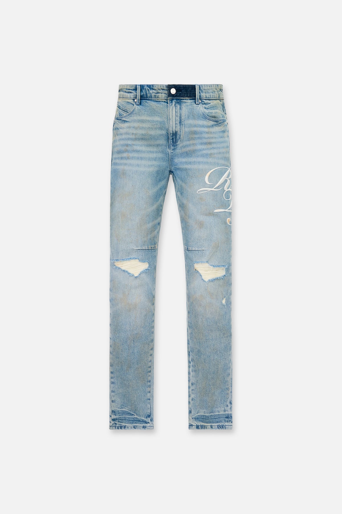 Light Blue Distressed Skinny Jeans with Cursive Graphics - Front View | RTA