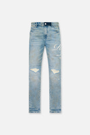 Light Blue Distressed Skinny Jeans with Cursive Graphics - Front View | RTA