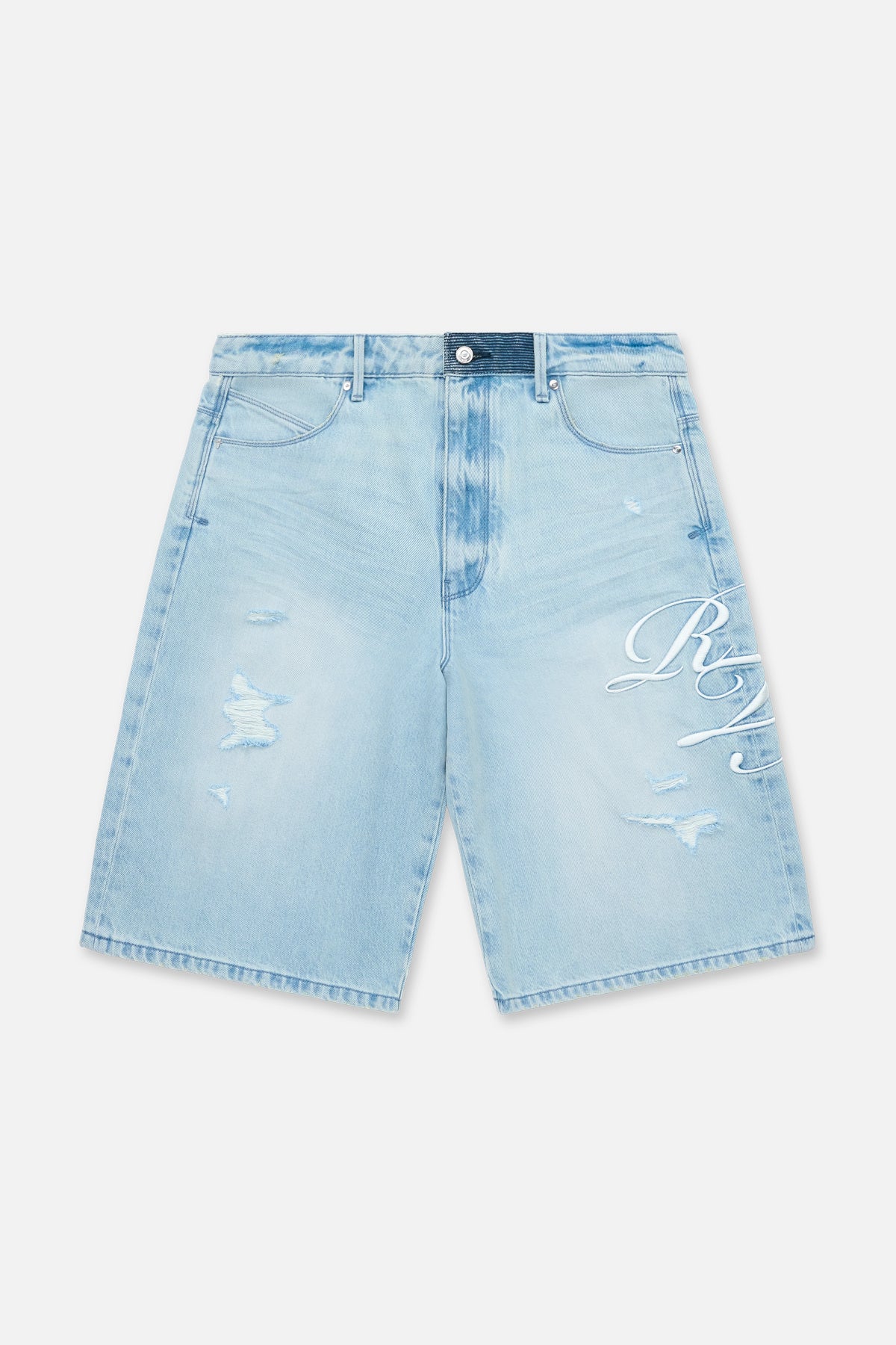 Soft Horizon Blue Gustavo Denim Shorts with Distressing - Front View | RTA