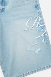 Soft Horizon Denim Shorts with Cursive Logo Detail - Close Up | RTA