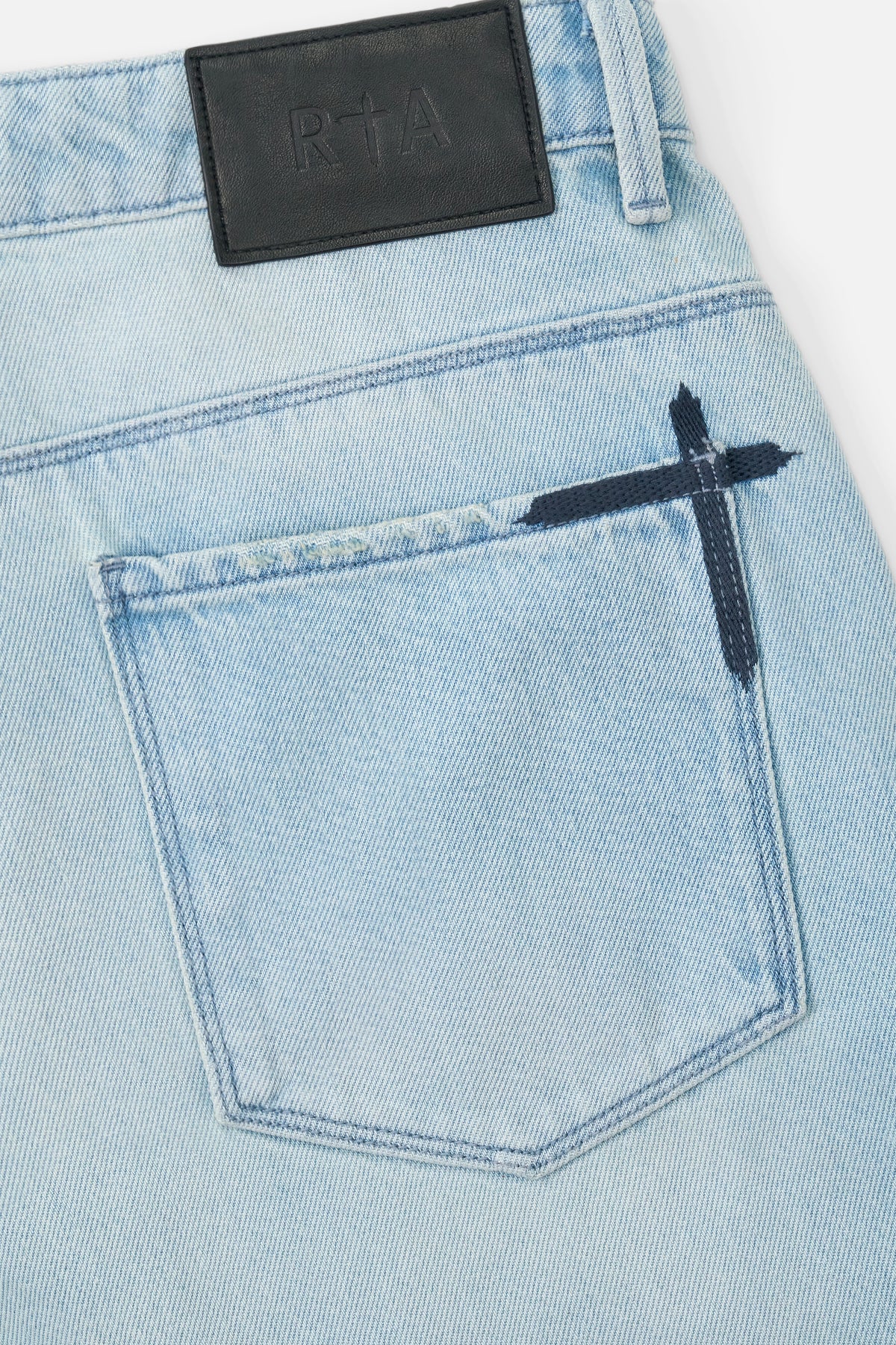 Light Blue Gustavo Shorts with RTA Leather Patch - Back Pocket Detail | RTA