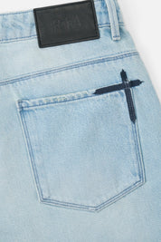 Light Blue Gustavo Shorts with RTA Leather Patch - Back Pocket Detail | RTA