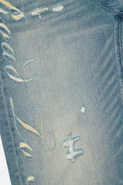 Franco Wide Leg Jean - Laser Script and Distressed Denim Texture Close-Up | RTA