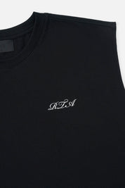Black Terry Muscle Tee - Cursive Logo Detail Close-Up | RTA