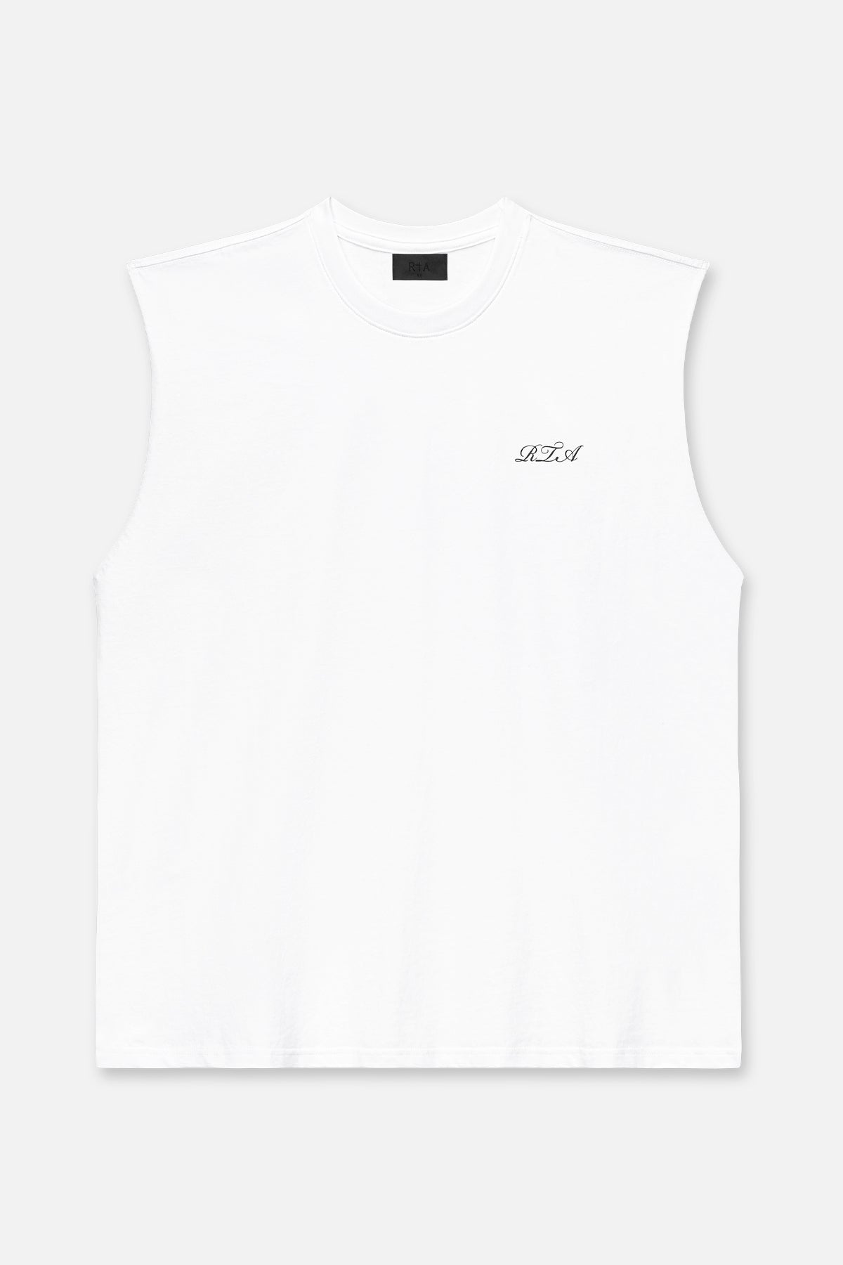 White Cotton Terry Muscle Tee with Cursive RTA Logo - Front View | RTA