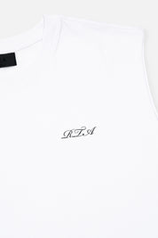 White Cotton Terry Muscle Tee - Cursive Logo Detail Close-Up | RTA