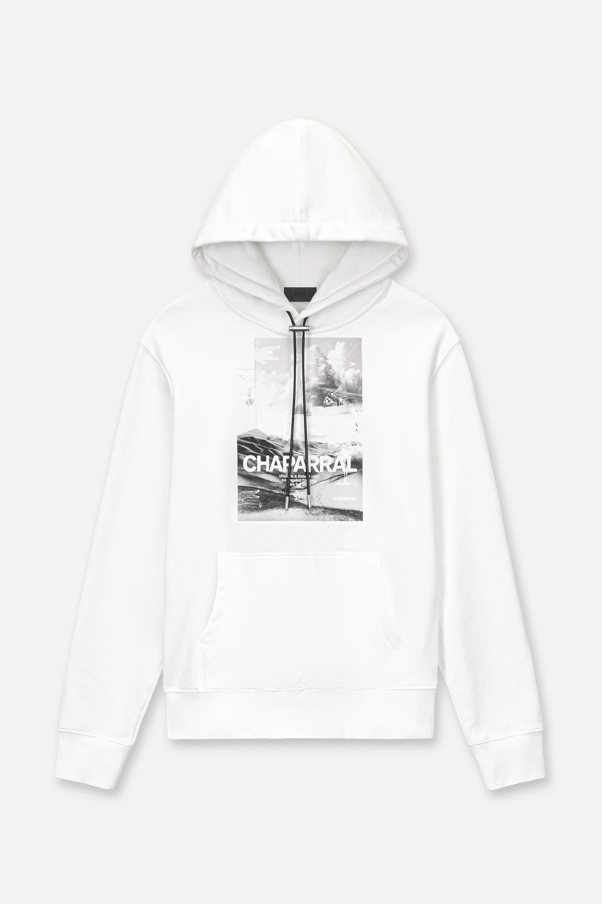 White Cotton Dion Hoodie with Chaparral Landscape Graphic - Flat Lay Front | RTA