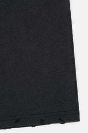 Black Luxury Streetwear Tee - Distressed Hem Close-Up, Cotton Fabric Texture | RTA