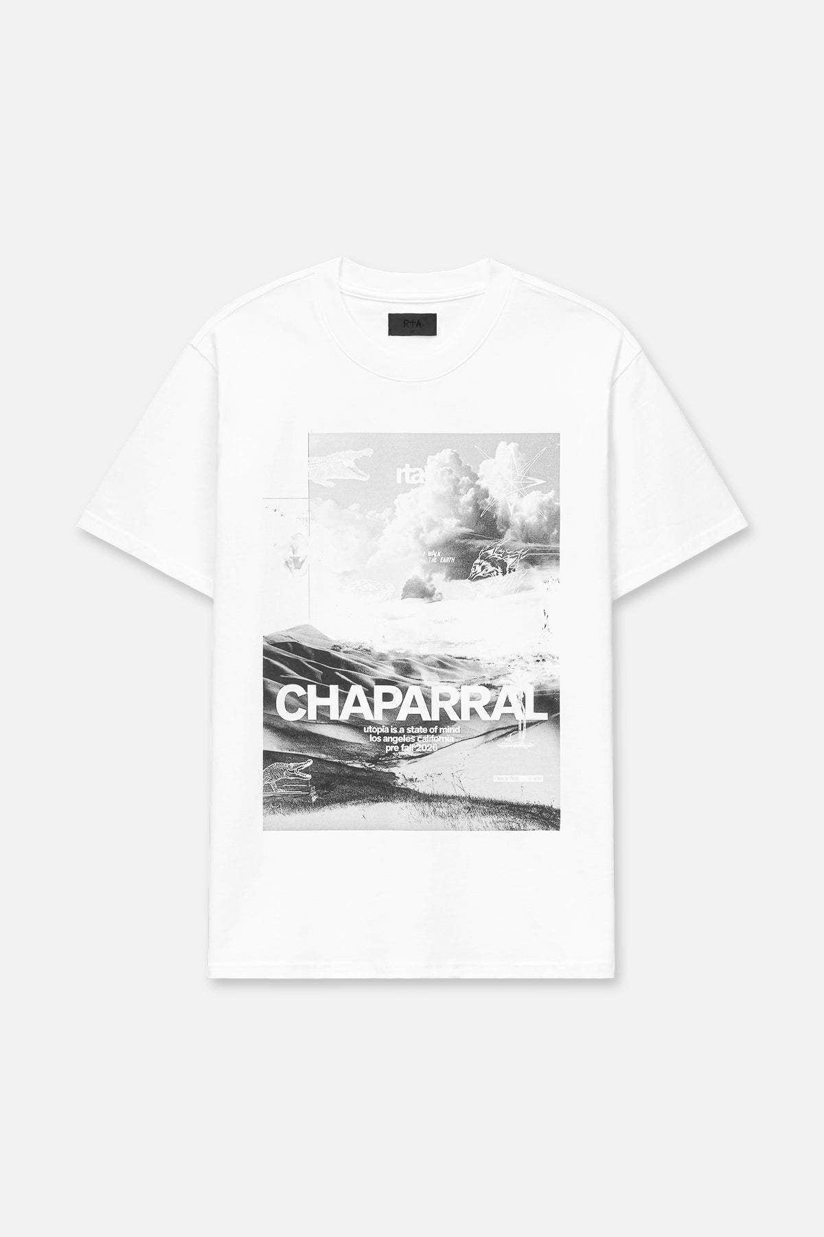 White Cotton Liam Short Sleeve Tee - Front View with Chaparral Graphic | RTA