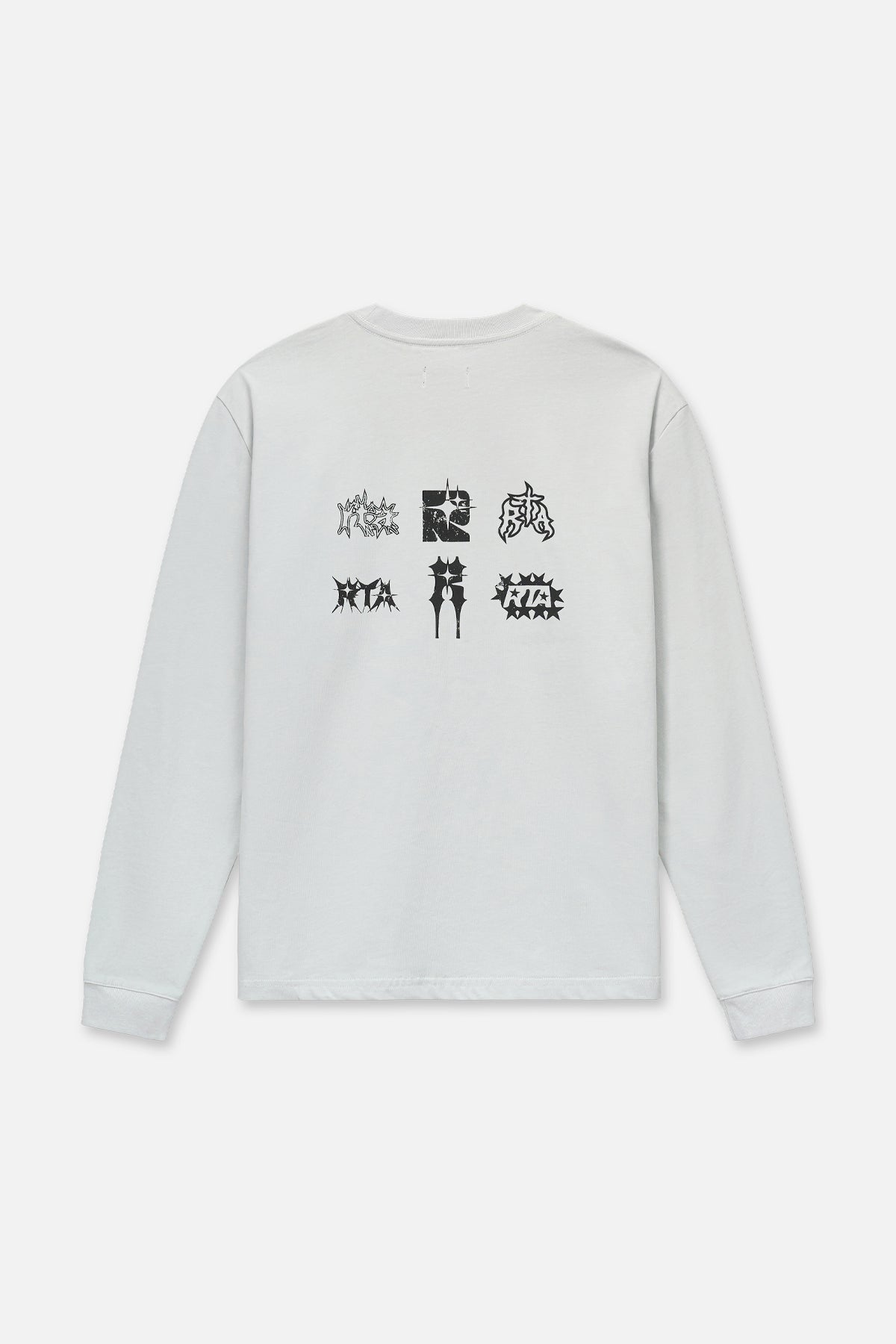 Smoke Grey Streetwear Long Sleeve Tee - Flat Lay Back, Spiked Typography Graphic Print | RTA