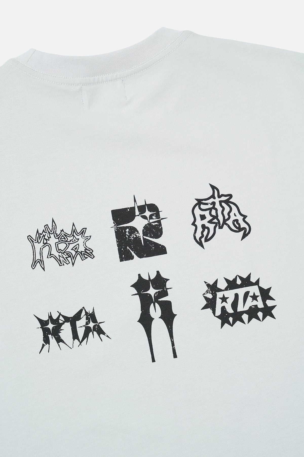Smoke Grey Long Sleeve Tee - Close-Up Back Spiked Graphic Typography Detail | RTA