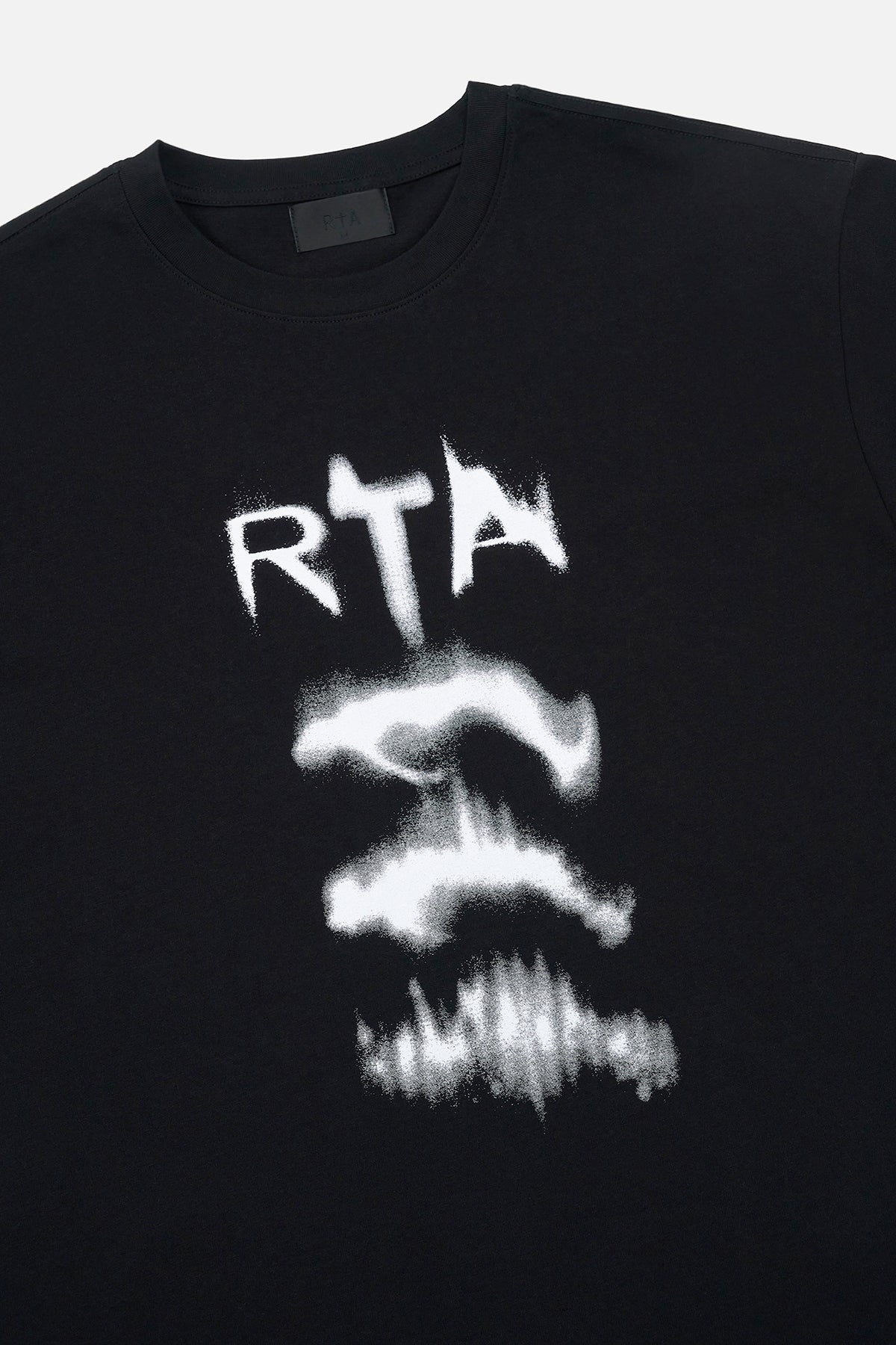 Black Cotton Colin Tee with White Spray Paint RTA Graphics - Front Detail Close Up | RTA