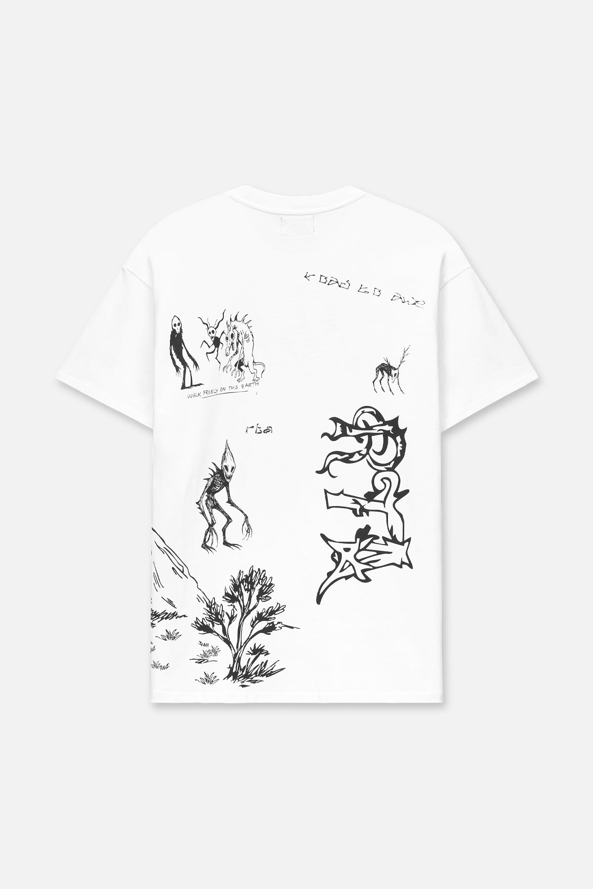 White Cotton Oversized Streetwear Tee - Back Flat Lay, Creature Scenery Graffiti Graphic | RTA