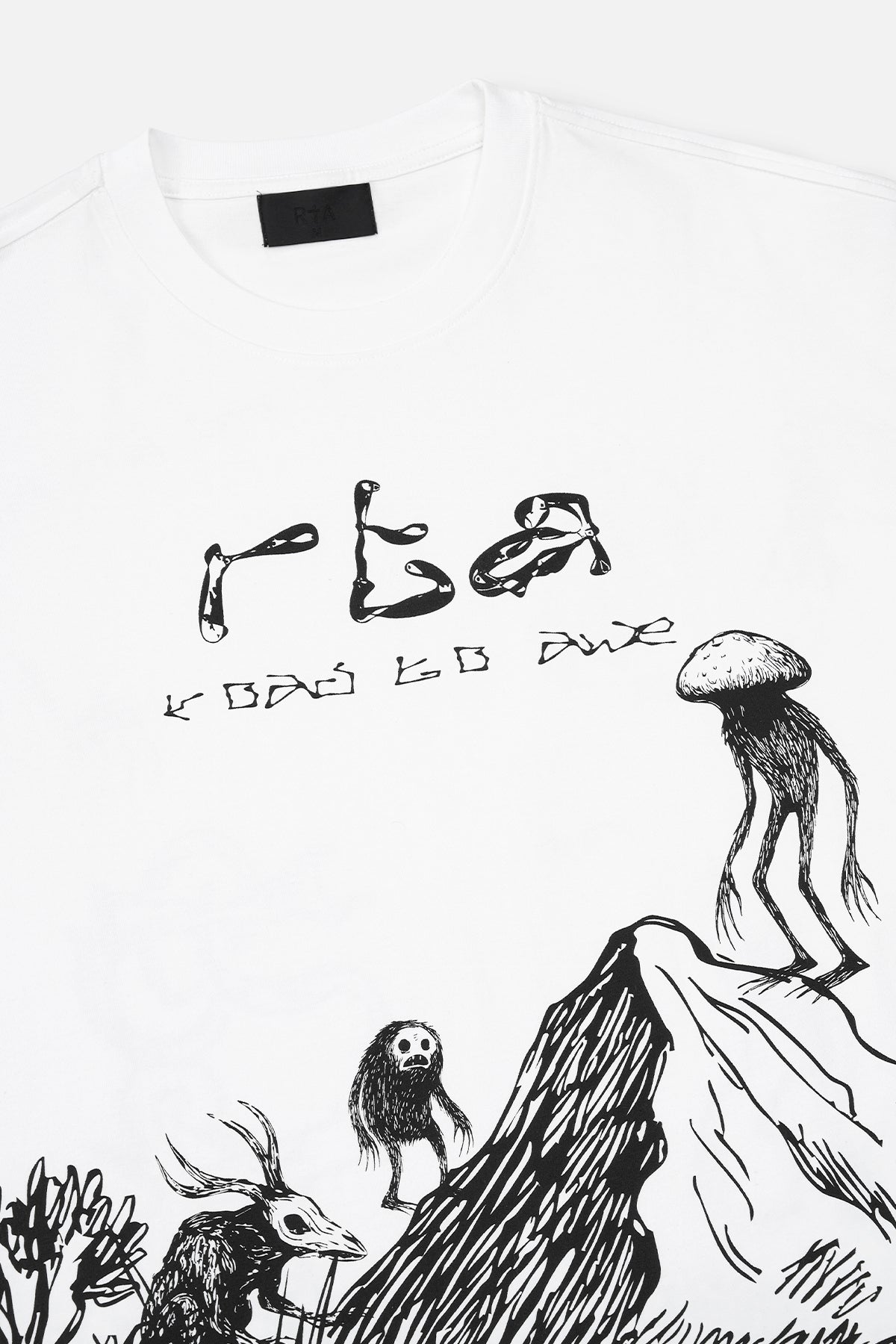 White Graphic Tee - Front Close-Up Detail, Dark Creature Scenery Artwork and Logo | RTA