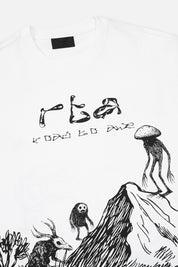 White Graphic Tee - Front Close-Up Detail, Dark Creature Scenery Artwork and Logo | RTA