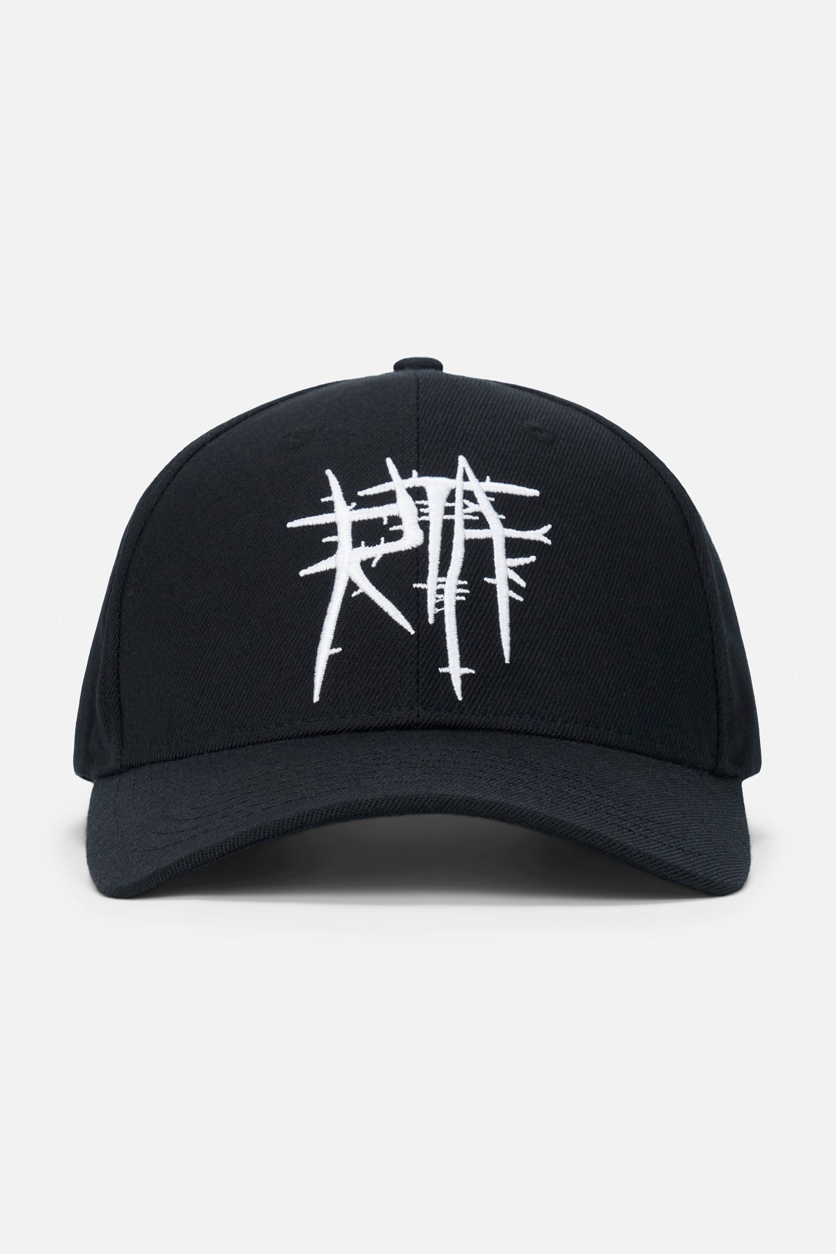 Black Wool Baseball Hat with White Thorn Embroidery - Front View | RTA
