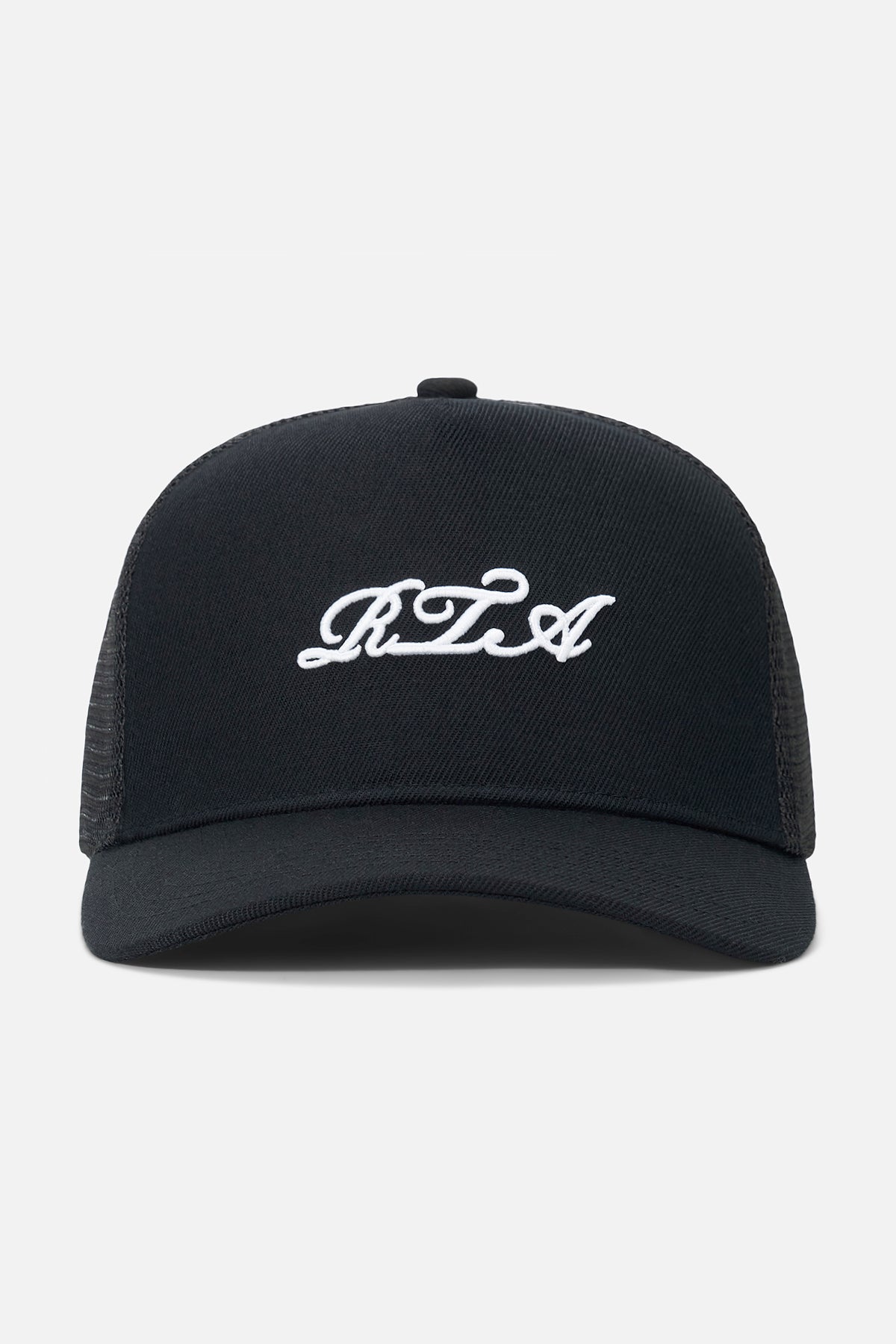 Black Trucker Hat with White Cursive RTA Embroidery - Front View | RTA