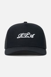 Black Trucker Hat with White Cursive RTA Embroidery - Front View | RTA
