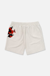 Beige CLYDE Shorts with Red Poppy Graphics - Back View | RTA