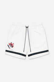 White Poppy Clyde Poly-Blend Shorts - Front View with Floral Print | RTA