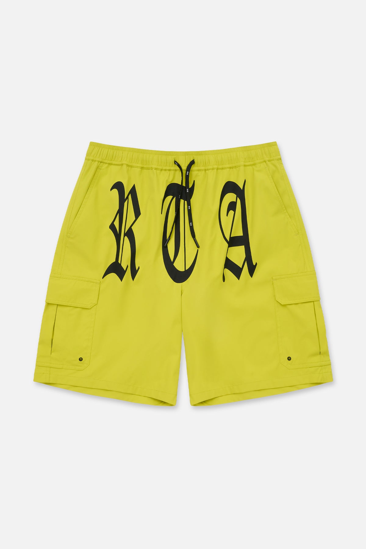 Citron Miguel Swim Trunk with Black Old English RTA Lettering - Front View | RTA