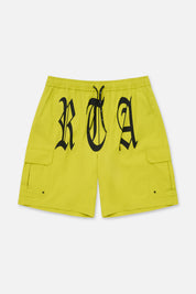 Citron Miguel Swim Trunk with Black Old English RTA Lettering - Front View | RTA
