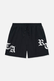 Black Old English RTA Swim Trunks - Front View | RTA