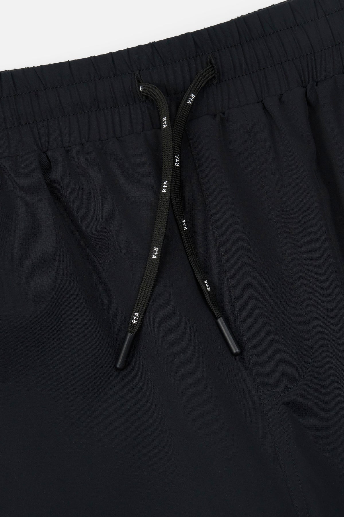 Black RTA Swim Trunks - Drawstring Detail Close-Up | RTA