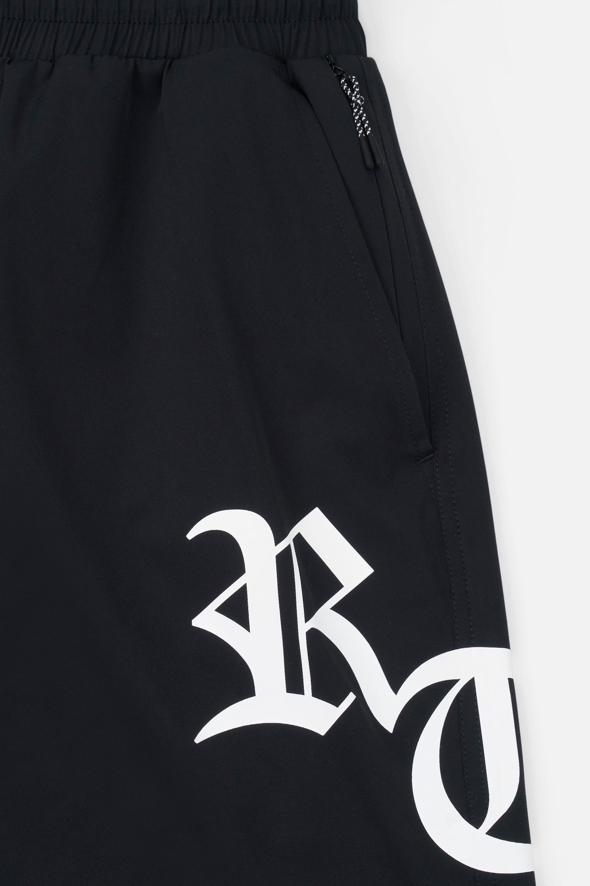 Black Old English RTA Swim Trunks - Side Logo Detail | RTA