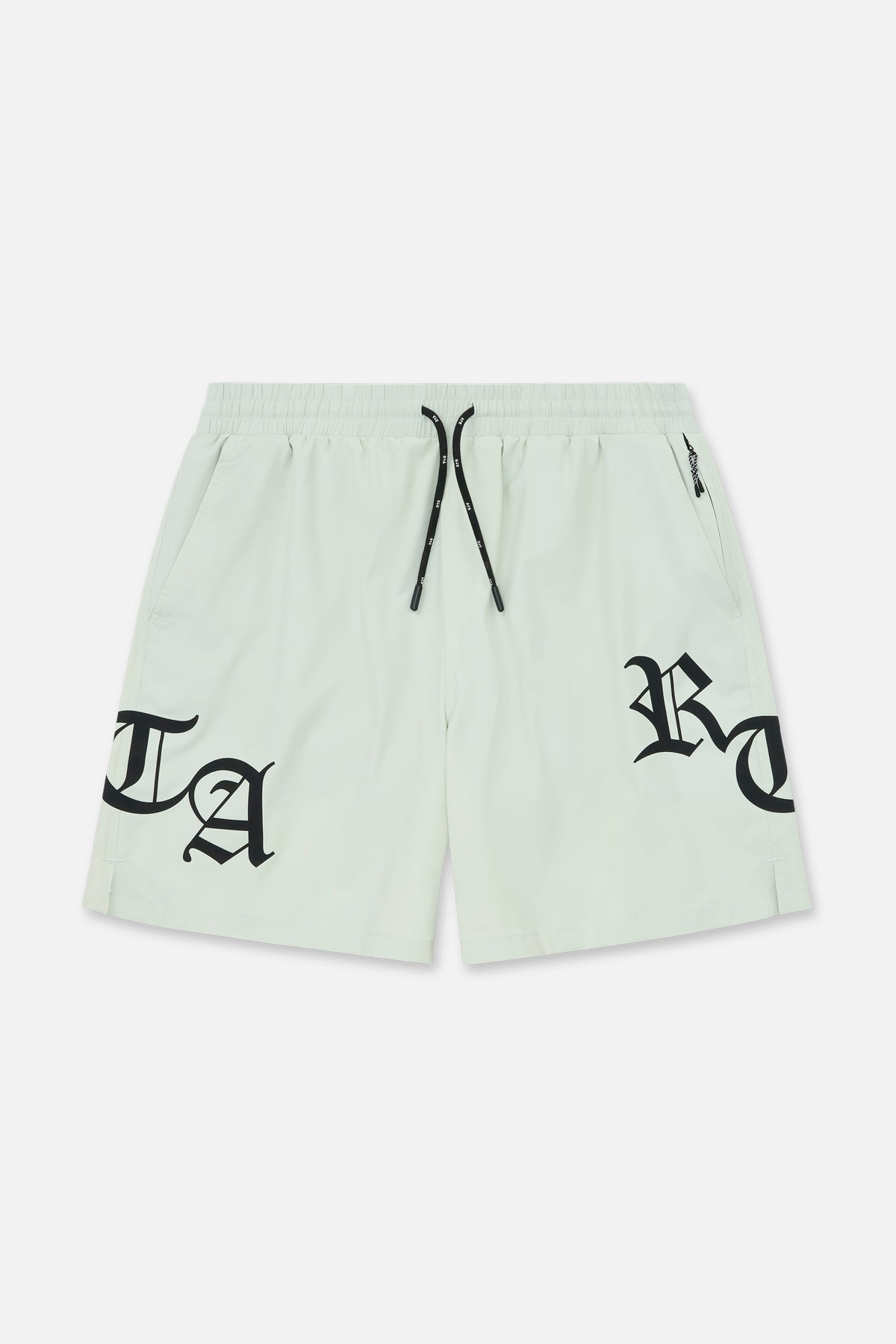 Light Teal Swim Trunks with Old English RTA Branding - Front View | RTA