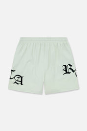 Light Teal Swim Shorts with Gothic RTA Graphics - Back View | RTA
