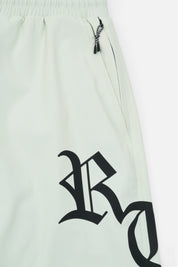 Light Teal Swim Shorts Side Panel with Gothic RTA Logo Detail | RTA