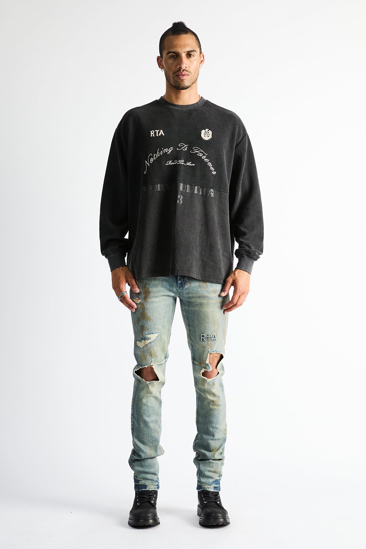 RTA Bryant Skinny Jean Indigo Rust - On Model Full Length Front View, Styled Look | RTA