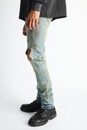 RTA Bryant Skinny Jean Indigo Rust - On Model Side Profile, Tapered Leg Distressed Denim | RTA
