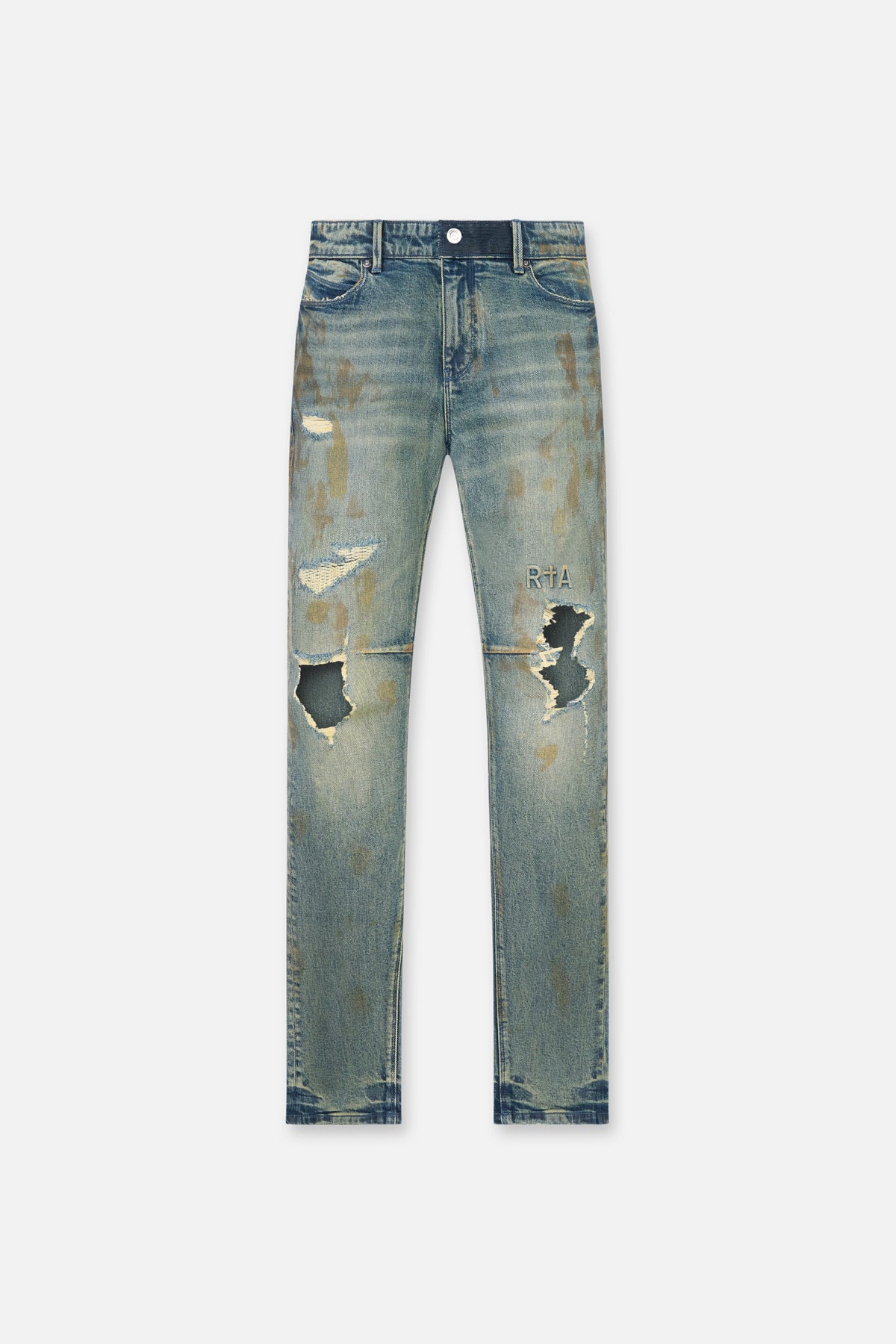 RTA Bryant Skinny Jean Indigo Rust - Flat Lay Front View, Distressed Denim with Cross Embroidery | RTA